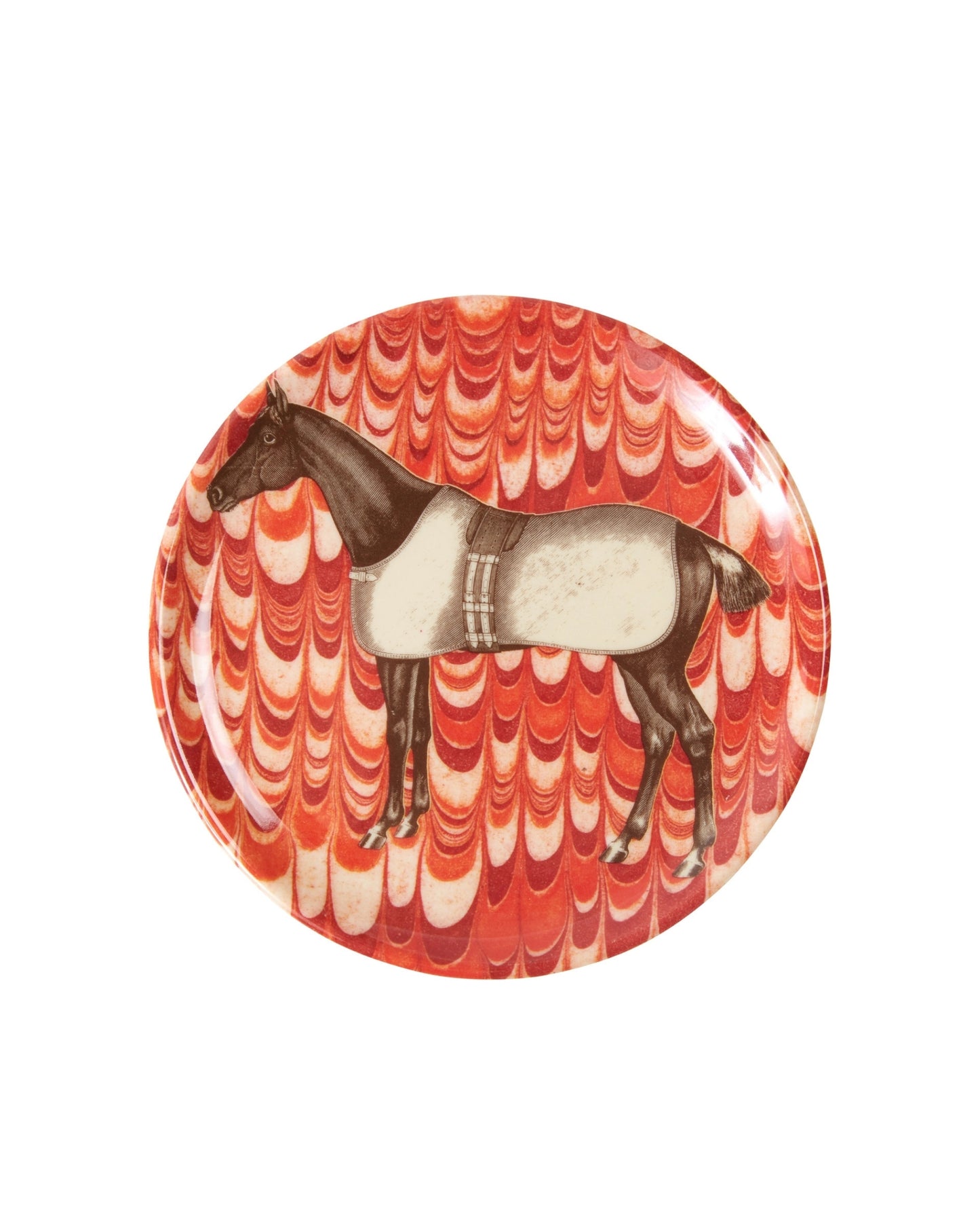 Round coaster with a horse illustration on a red marbled background