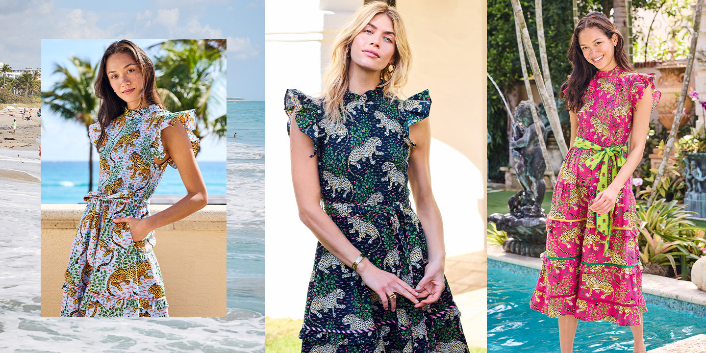 Three people modeling patterned dresses in beach, indoor, and poolside settings.