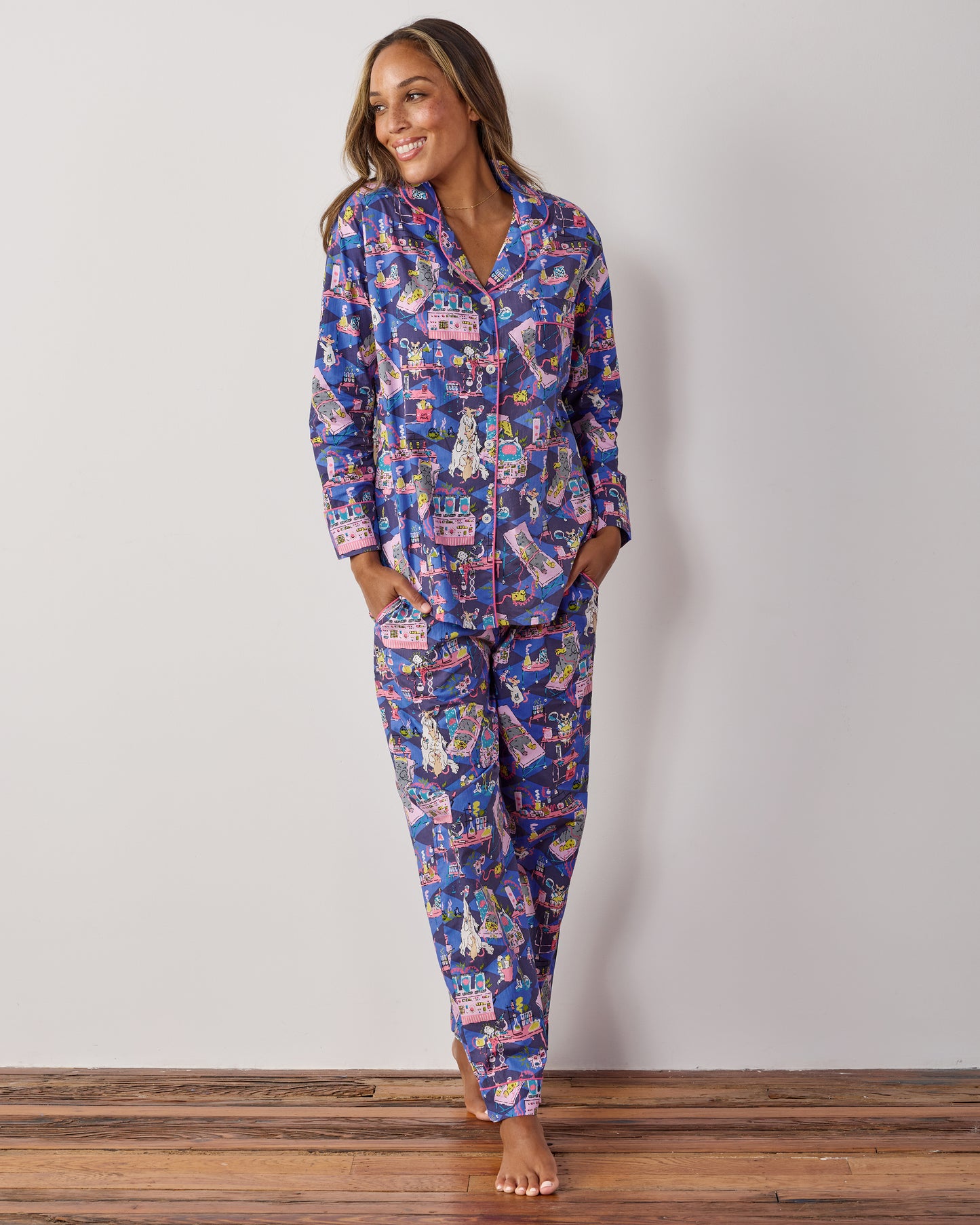 Full front view of the Checkered Sapphire long pajama set with a button-down top, long pants, and laboratory mouse print.