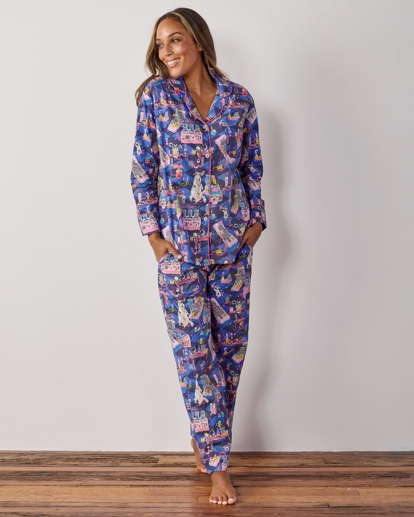 Full front view of the Checkered Sapphire long pajama set with a button-down top, long pants, and laboratory mouse print.