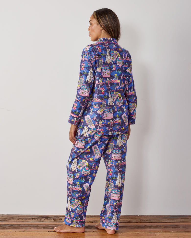 Back view of the Checkered Sapphire long pajama set, showing the matching long-sleeved top and full-length pants with laboratory mouse print.