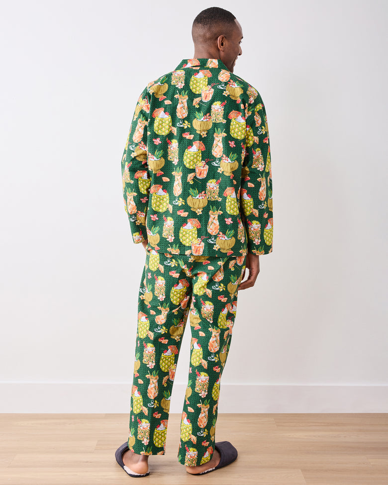 Full back view of the green long pajama set with a tropical drink print