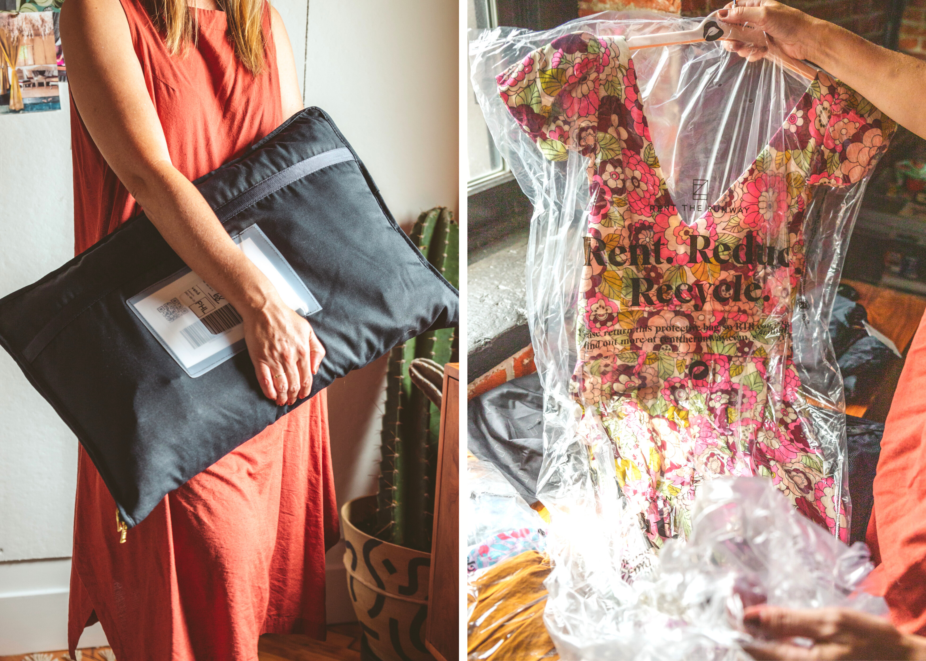 Person holding a black garment bag beside a floral garment inside clear packaging.