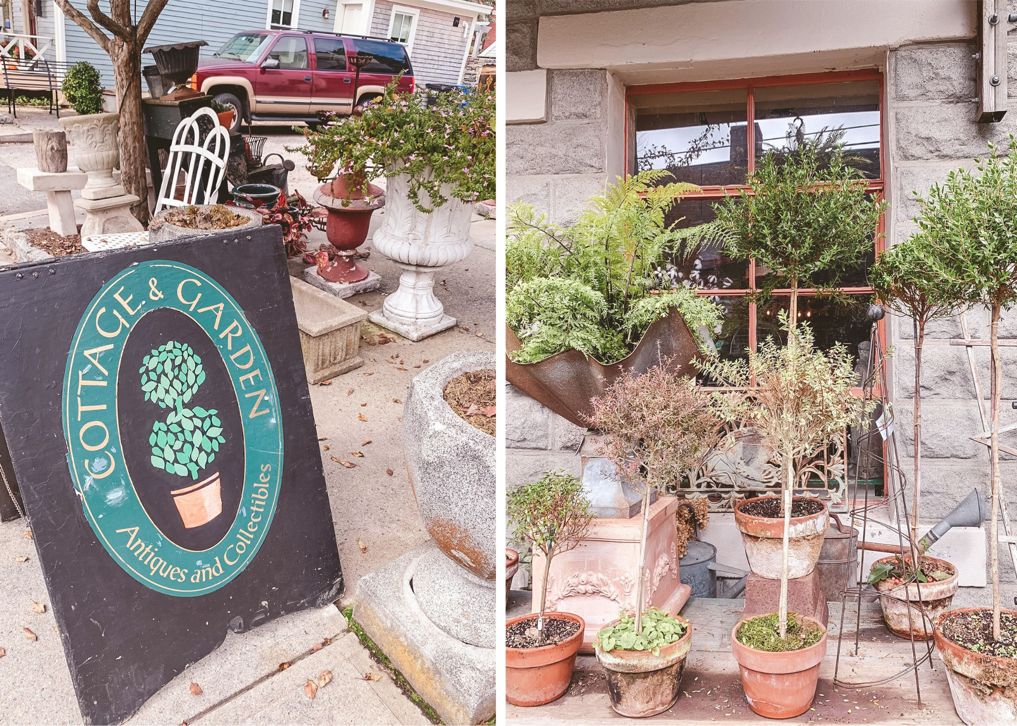 Two-panel view of the Cottage & Garden Antiques and Collectibles storefront sign and potted plants outside a stone building.