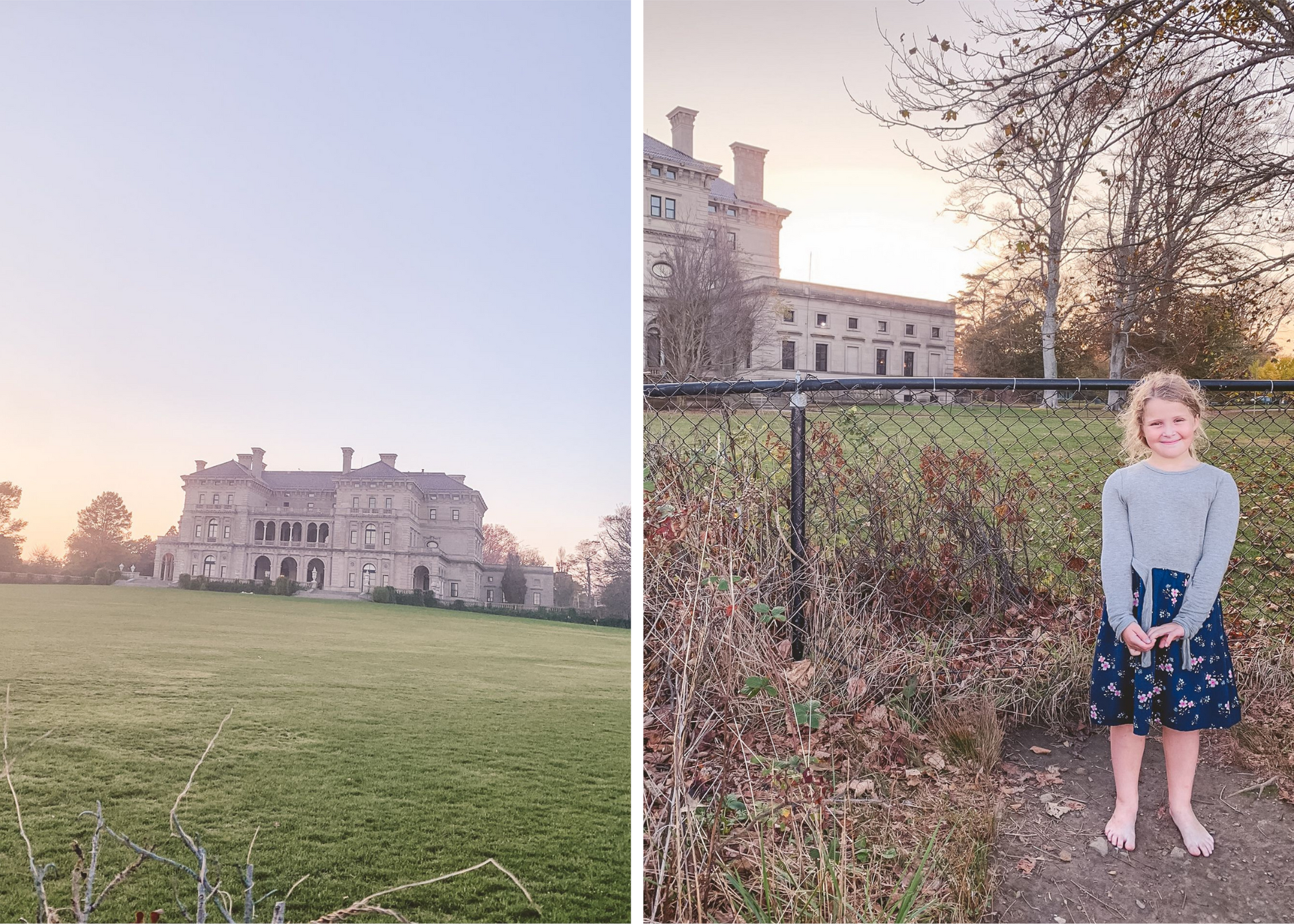 Collage showing a historic mansion on a lawn and a barefoot child standing beside a fence with the mansion behind her.