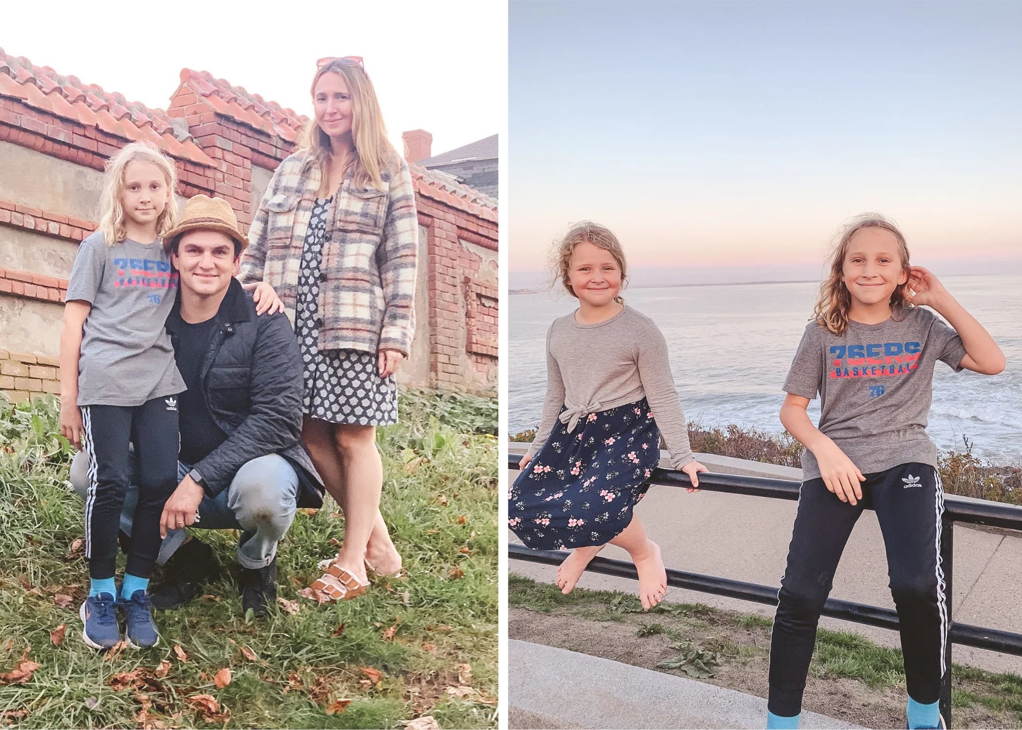 Split outdoor photographs showing an adult with two children and two children beside a waterfront.