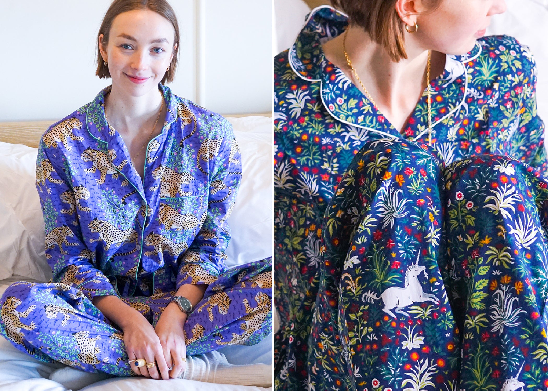 Person wearing blue patterned sleepwear beside a close-up of floral sleepwear