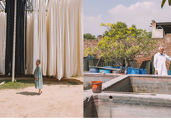 Split scene of hanging fabric and outdoor basins with people nearby, accompanying Printfresh’s sustainability information.