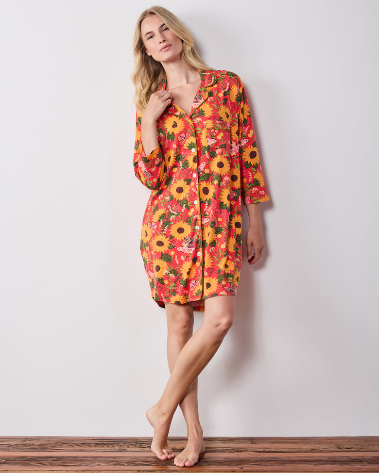 Full-length front view of the orange Autumn Sunflowers button-front sleep shirt with three-quarter sleeves.