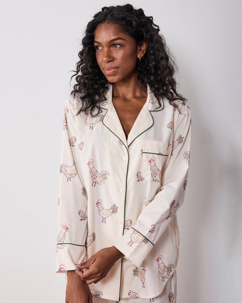 Embroidered Hens - Petite Long PJ Set - Buff
