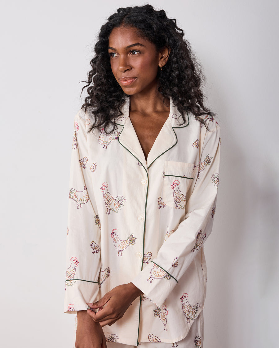 Embroidered Hens - Tall Long PJ Set - Buff