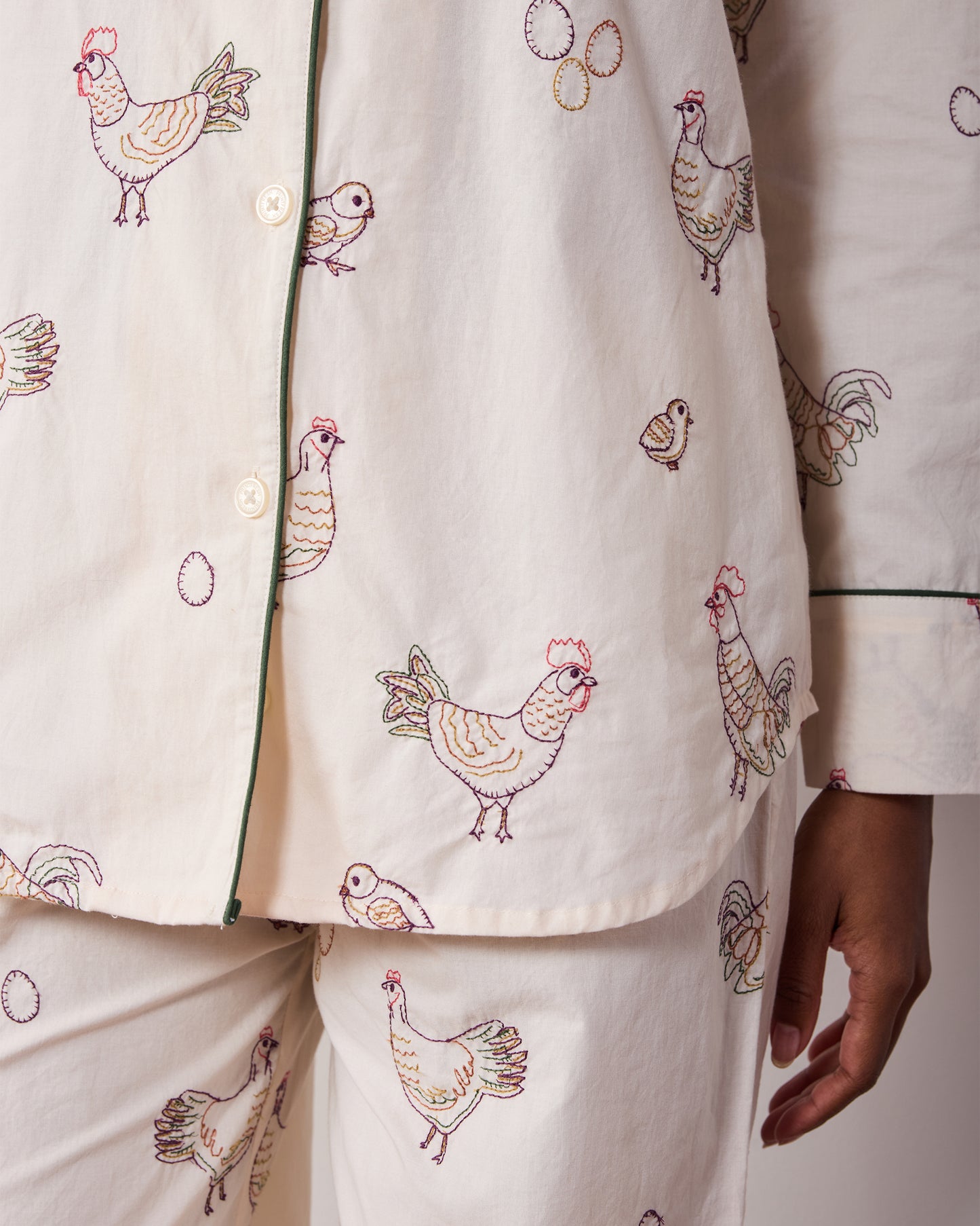 Embroidered Hens - Petite Long PJ Set - Buff