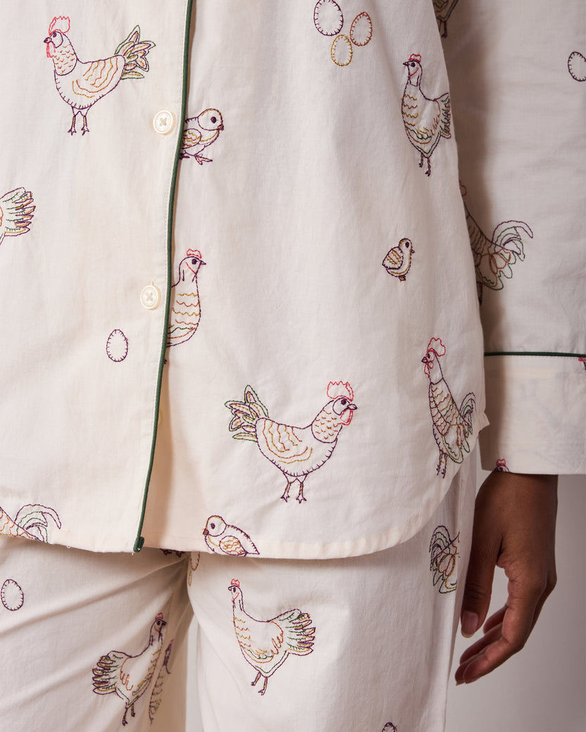 Embroidered Hens - Petite Long PJ Set - Buff