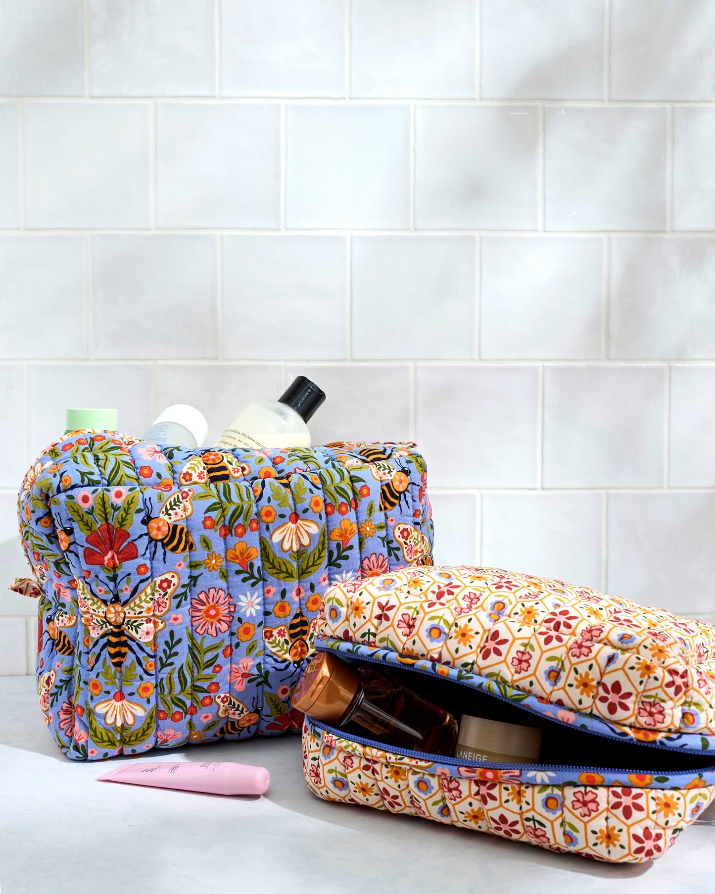 Bee Tapestry - Quilted Duffle & Oversized Pouch Duo Bundle - Delphinium Blue