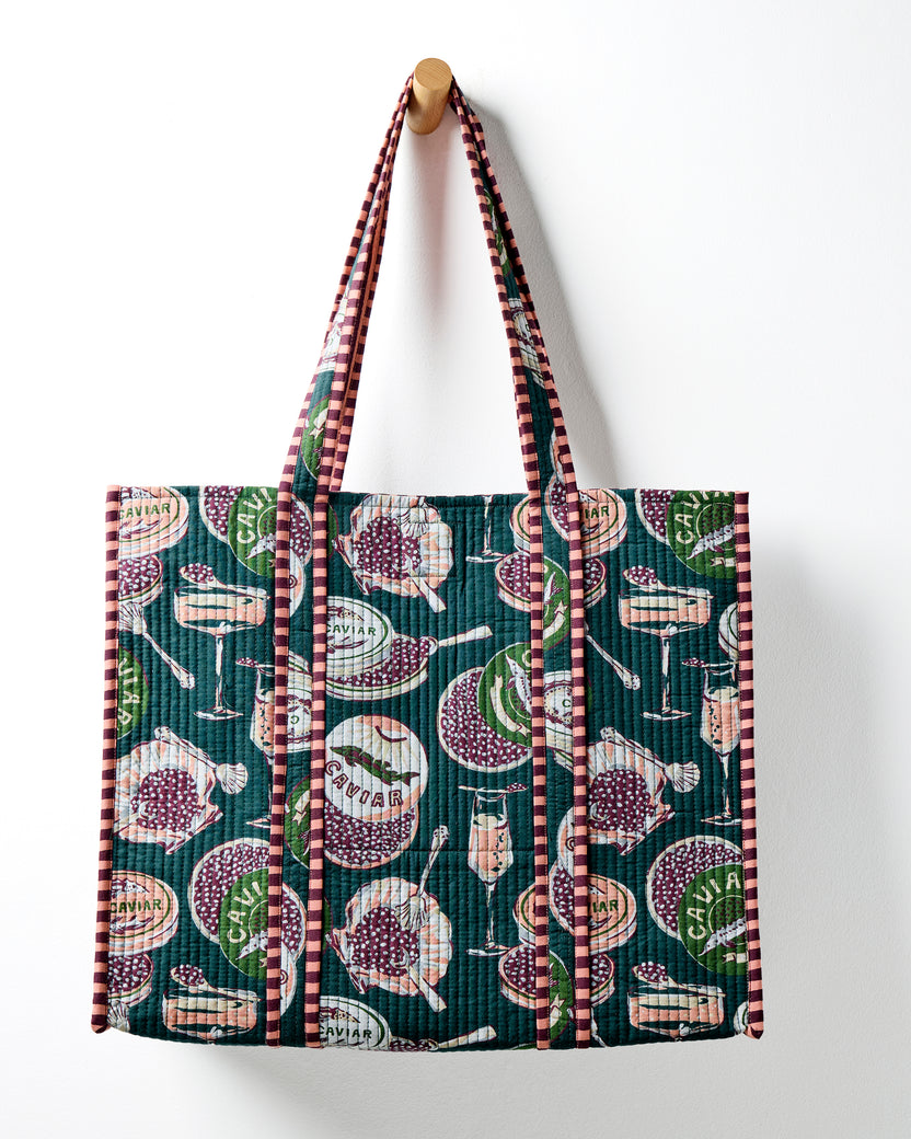 Champagne & Caviar - Traveler Tote & Quilted Pouch Bundle - Peacock Feather