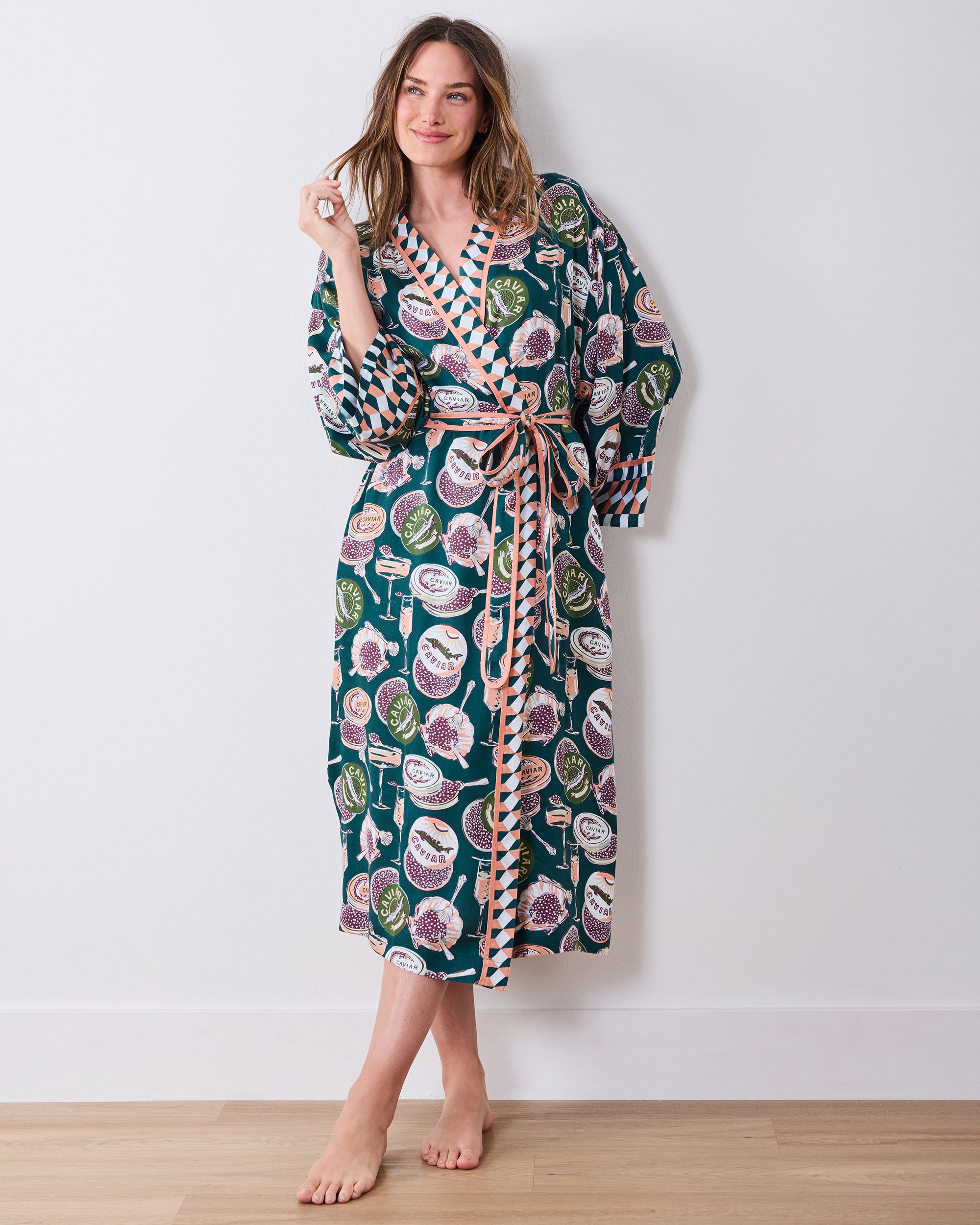 Champagne & Caviar - Eco Satin Robe - Peacock Feather