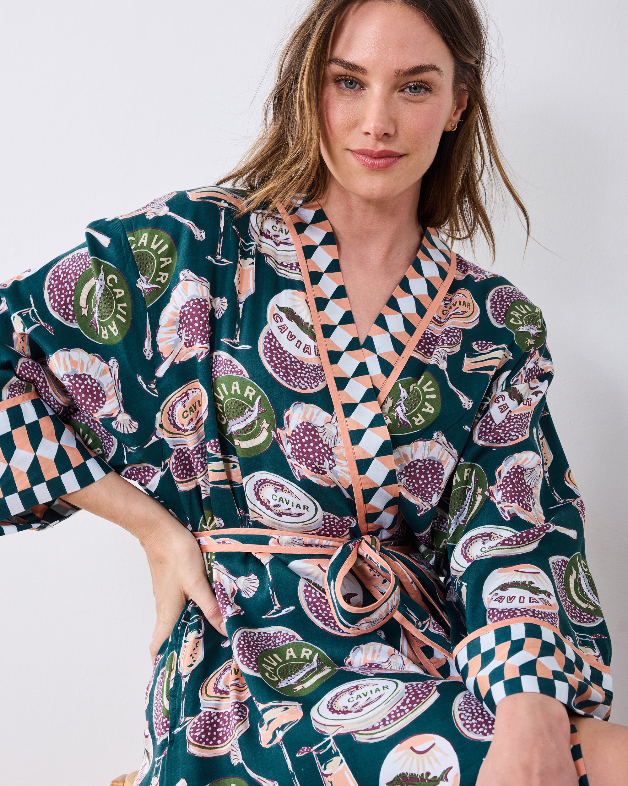Champagne & Caviar - Eco Satin Robe - Peacock Feather
