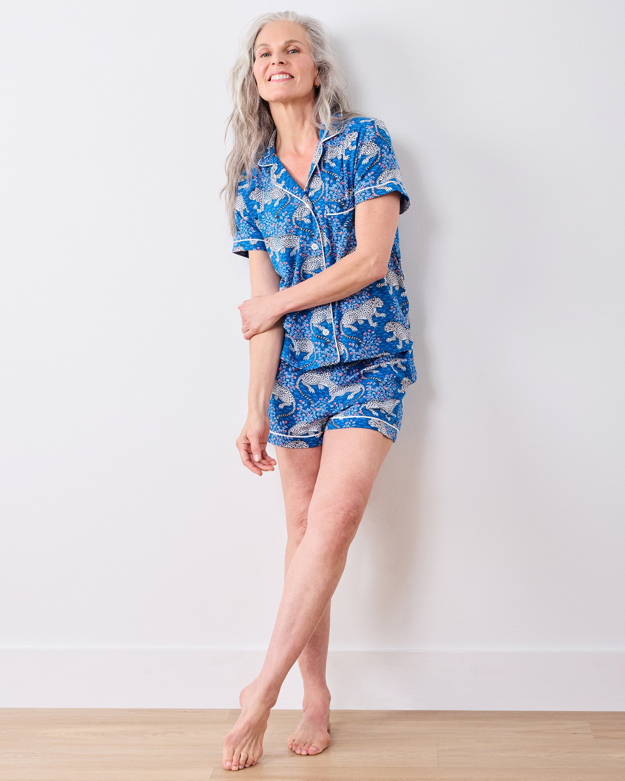 Front full-length view of the indigo leopard-print short pajama set