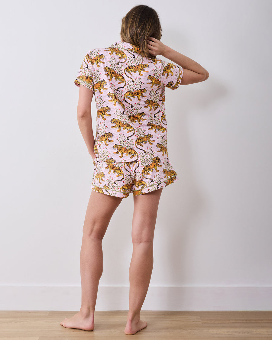 Back view of the Bagheera blush short pajama set with a leopard print.
