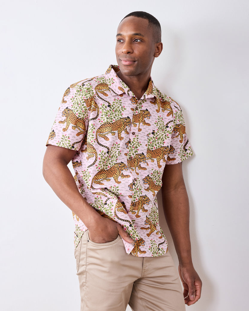 Front three-quarter view of a model wearing the Blush Bagheera Leo Shirt