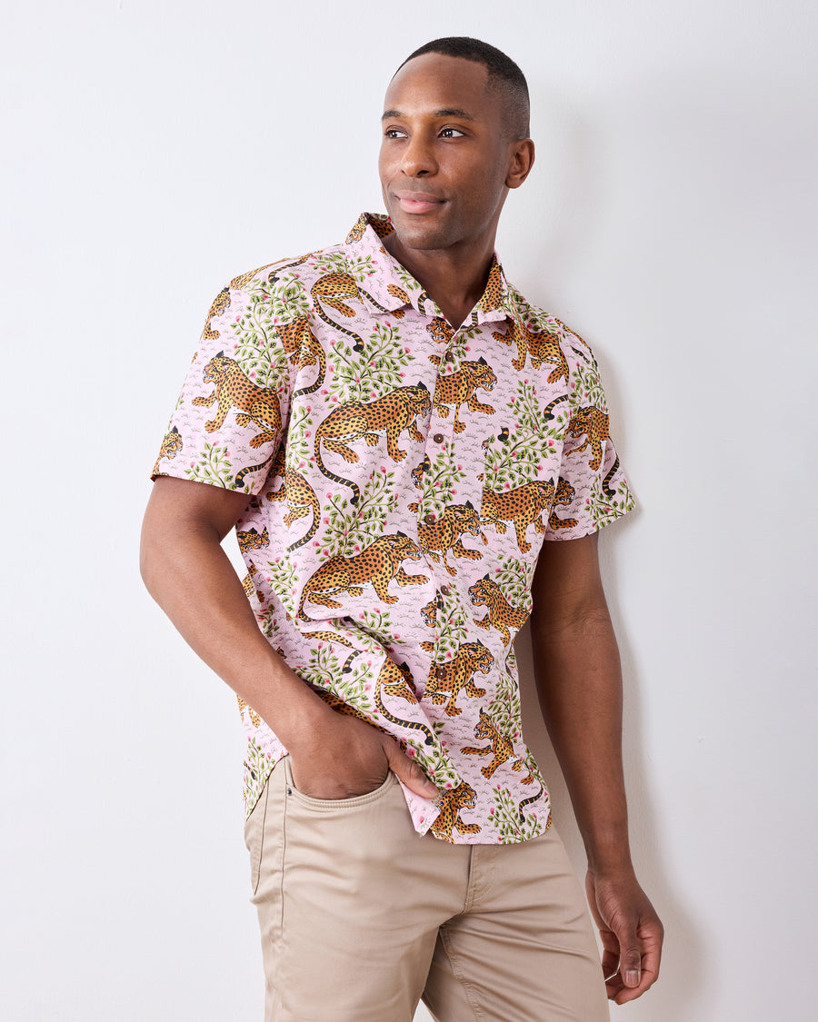Front three-quarter view of a model wearing the Blush Bagheera Leo Shirt