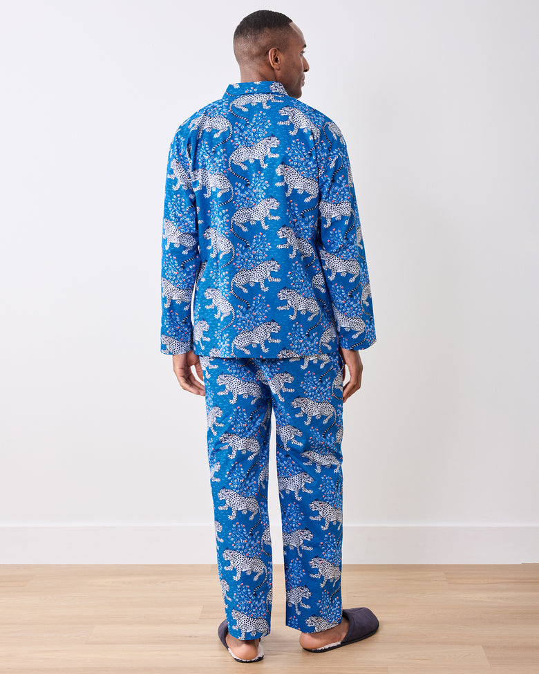 Full back view of the indigo long pajama set worn with slippers