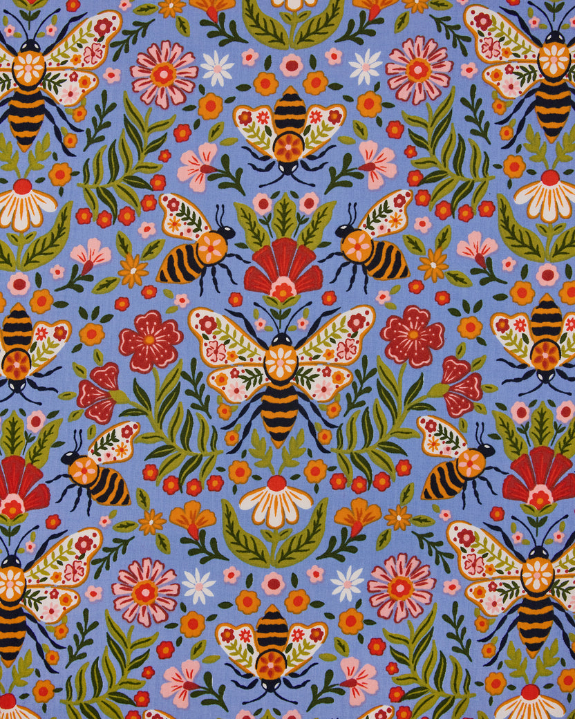 Close-up of the Delphinium Blue Bee Tapestry print, featuring illustrated bees, flowers, leaves, and tapestry-style wing patterns.