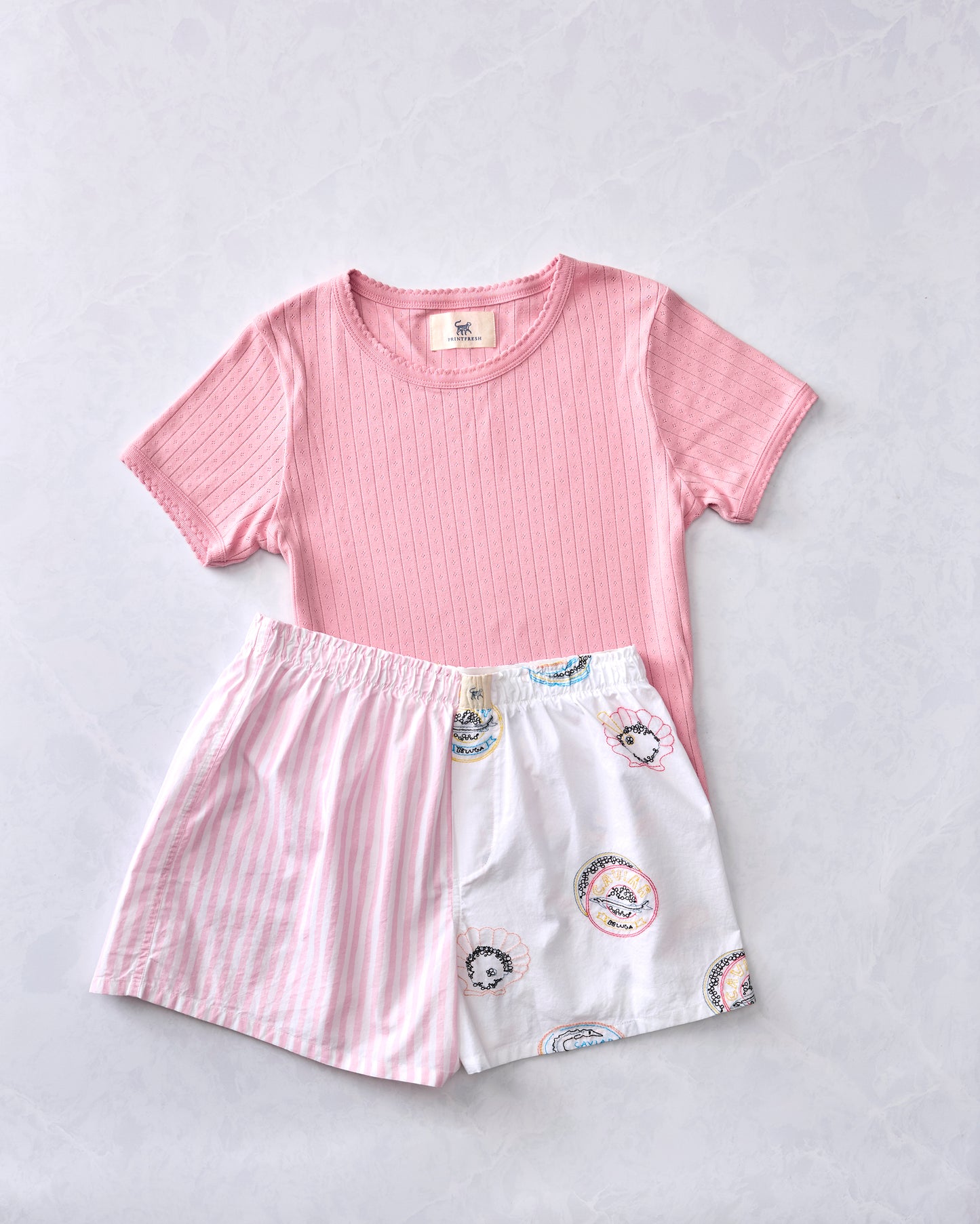 Embroidered Caviar Club - Boyfriend Boxers & Pointelle Short Sleeve Bundle - Pearl