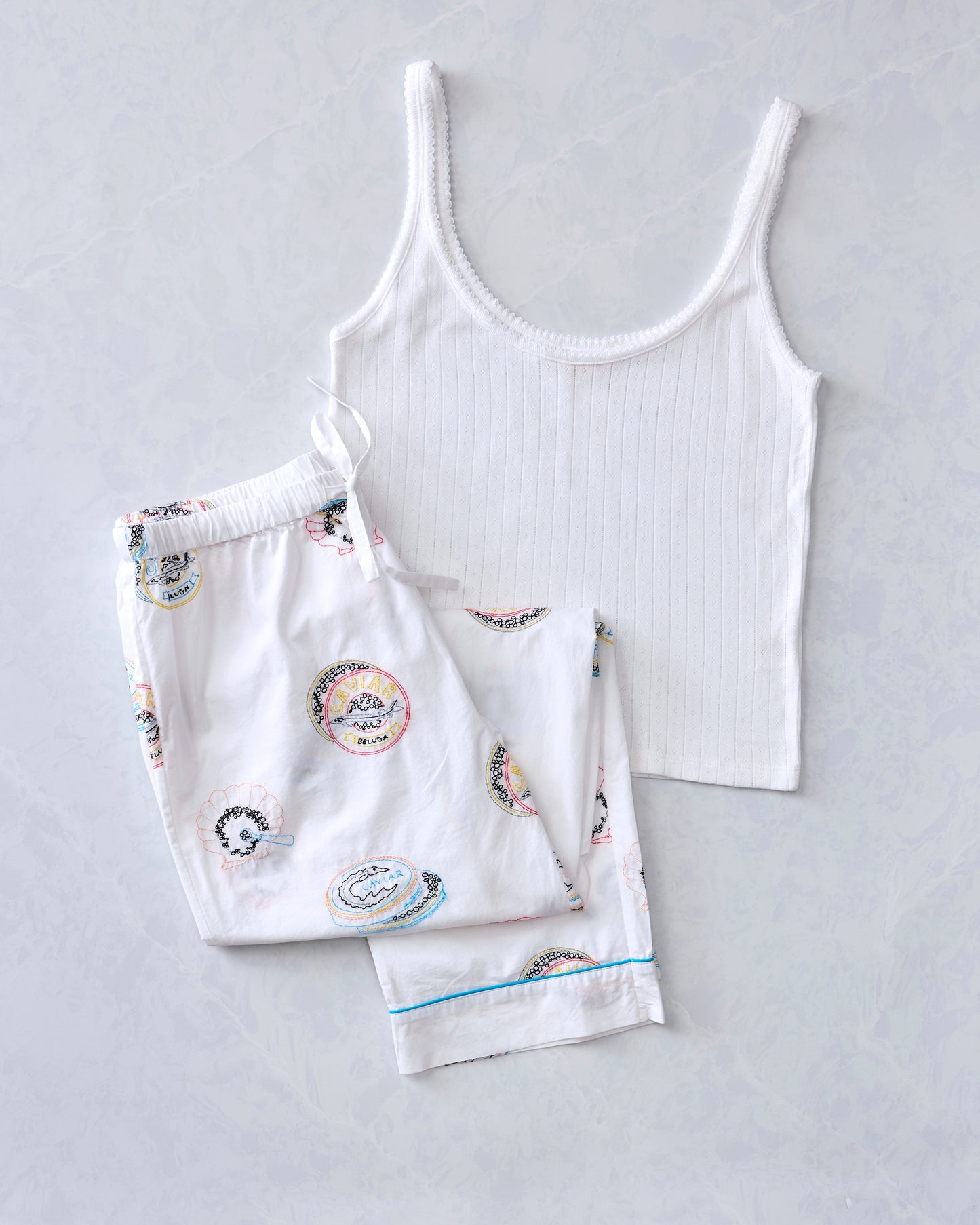 Embroidered Caviar Club - PJ Pants & Esme Tank Bundle - Cloud
