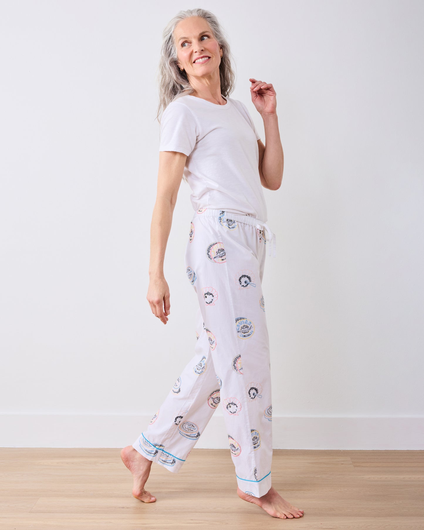 Embroidered Caviar Club - Petite PJ Pants - Pearl