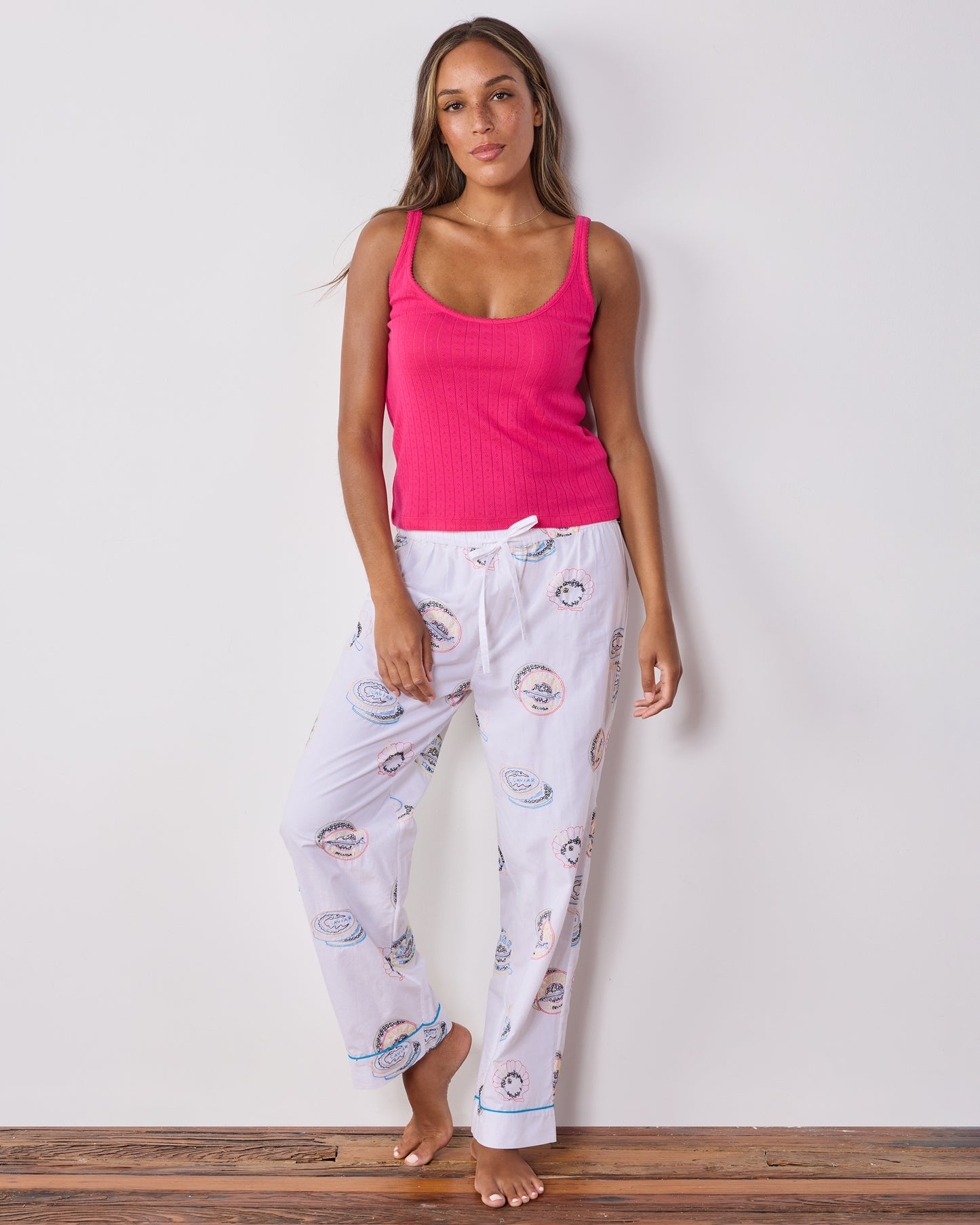 Embroidered Caviar Club - Petite PJ Pants - Pearl