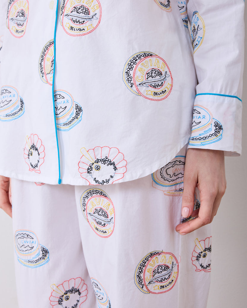 Embroidered Caviar Club - Petite Long PJ Set - Pearl