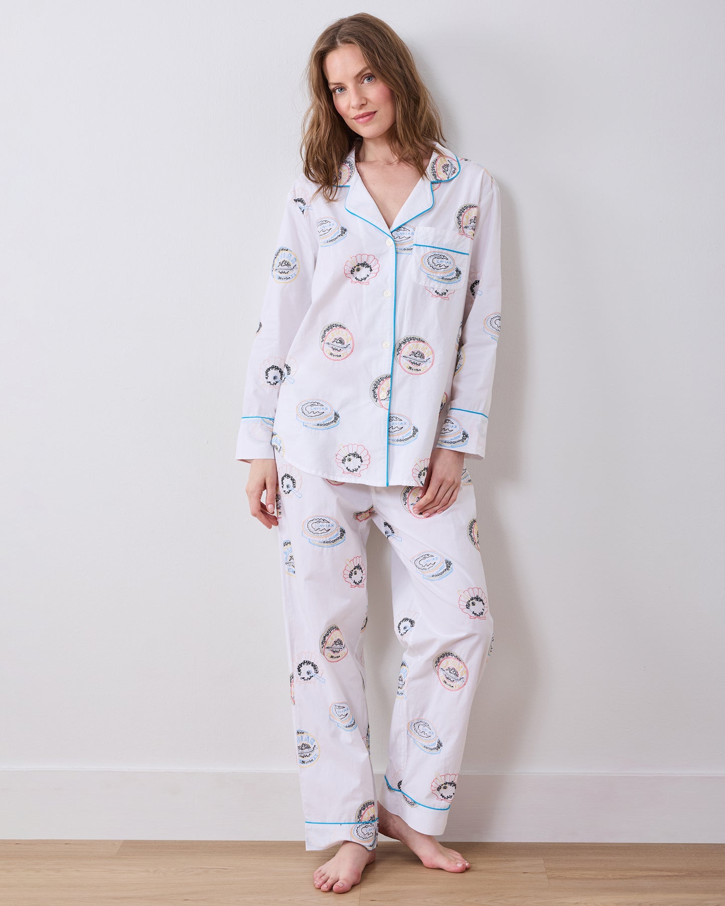 Embroidered Caviar Club - Petite Long PJ Set - Pearl