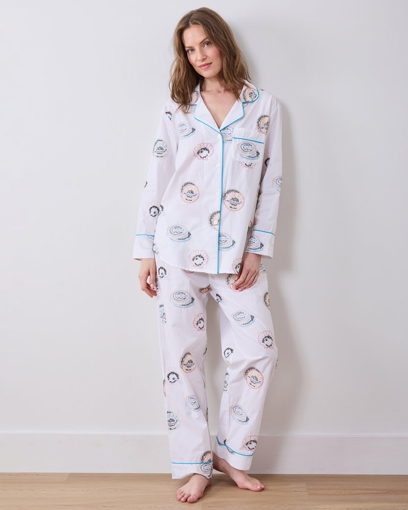 Embroidered Caviar Club - Petite Long PJ Set - Pearl