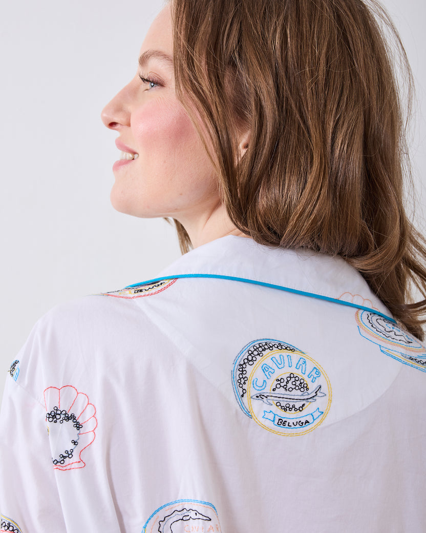 Embroidered Caviar Club - Petite Long PJ Set - Pearl