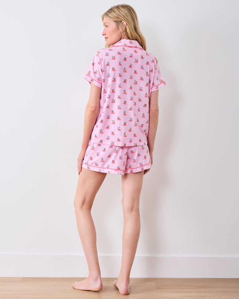 Back studio view of the pink flamingo-print pajama top and matching shorts
