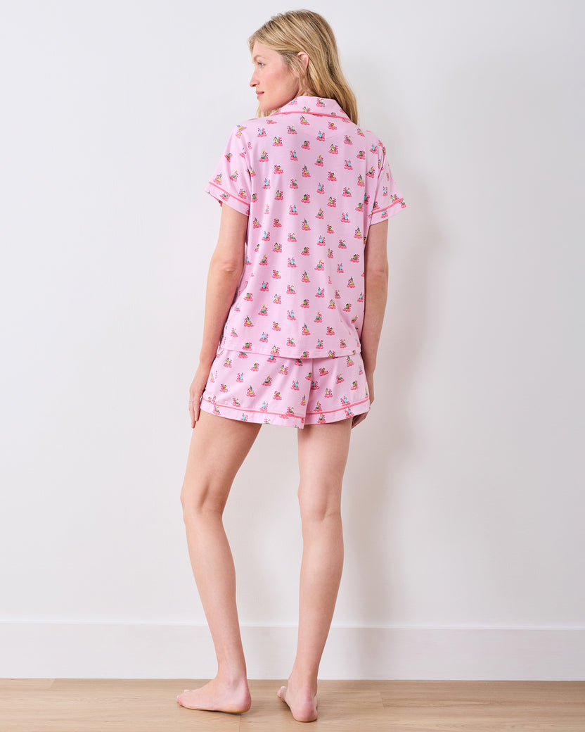 Back studio view of the pink flamingo-print pajama top and matching shorts