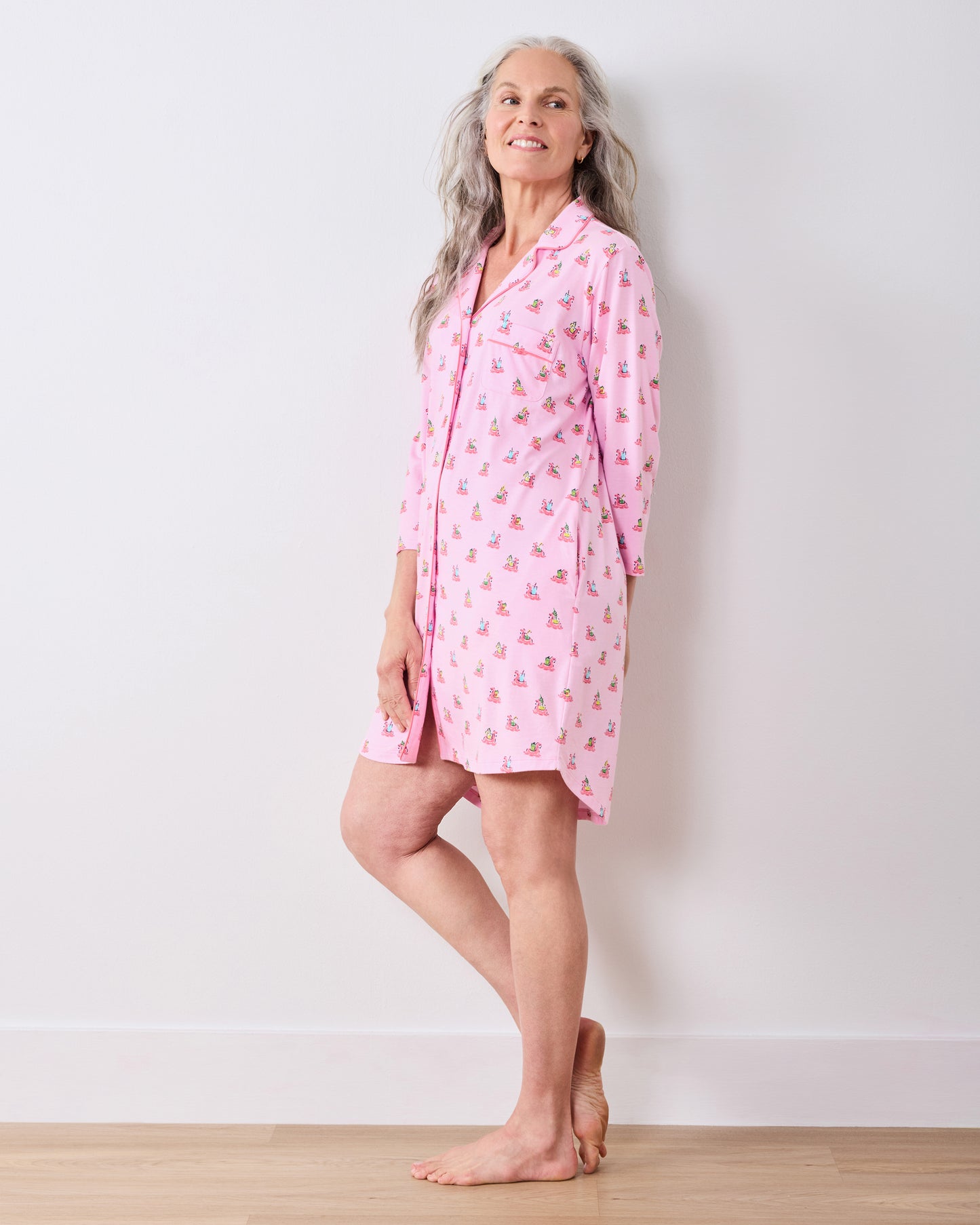 Full-length side view of the pink Flamingo Floaties sleep shirt