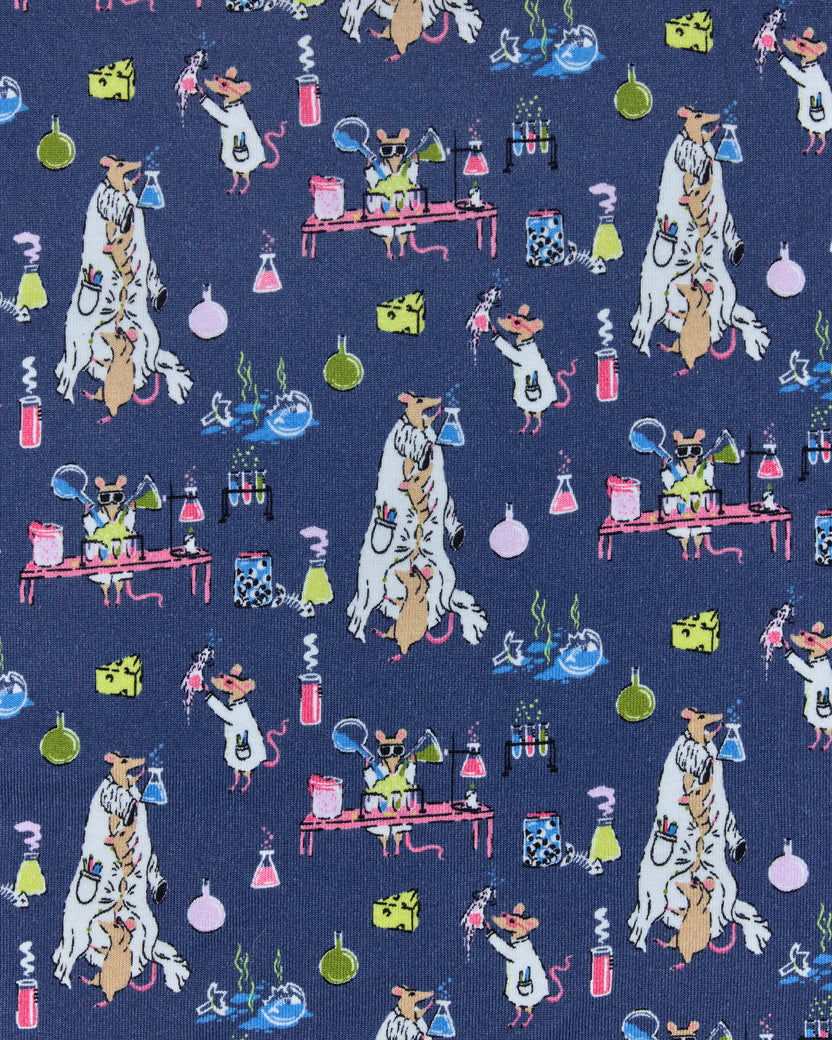 It’s Alive print swatch with mice in lab coats, laboratory equipment, and colorful science glassware on a dark blue background.