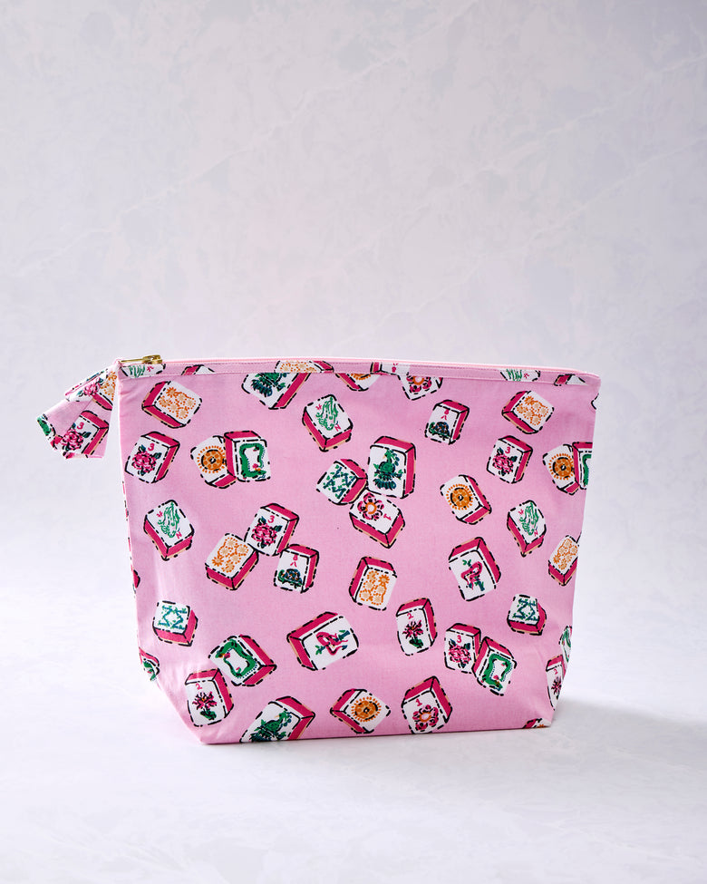 Front view of the peony pink Lucky Tiles zip pouch with matching printed pull tab