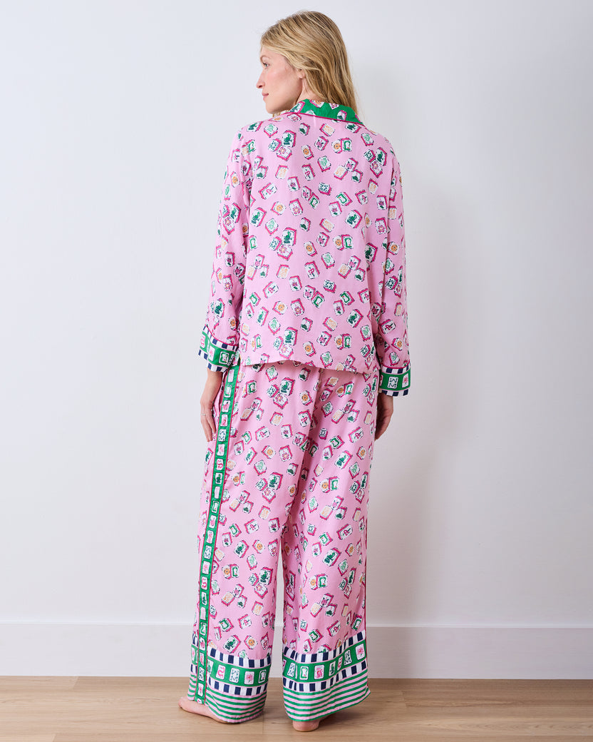 Full-length back view of the Peony Pink Lucky Tiles pajama set with wide-leg pants and contrasting borders.