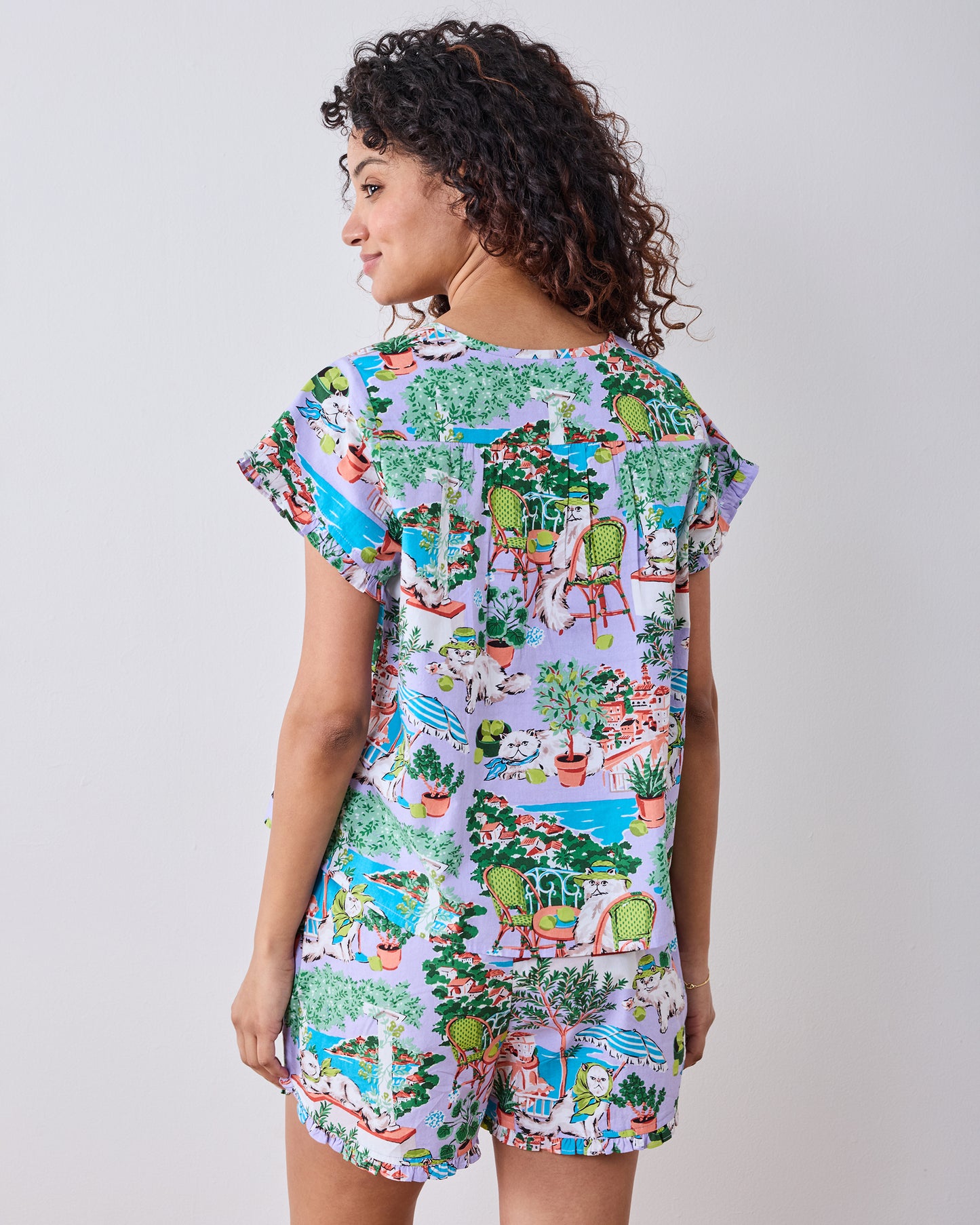 Mediterranean Meow - Pintuck Short Set - Lilac & Lime - Printfresh