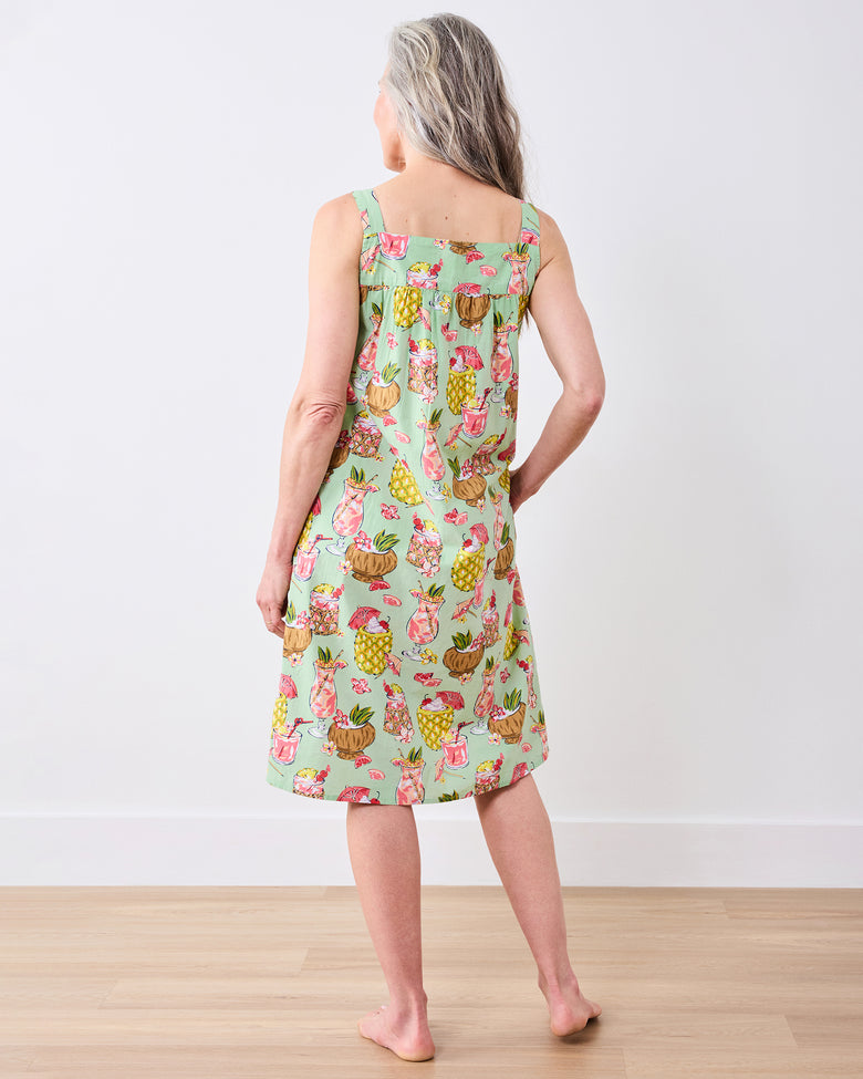 Back view of the Mojito nightgown showing the square neckline and tropical drink print