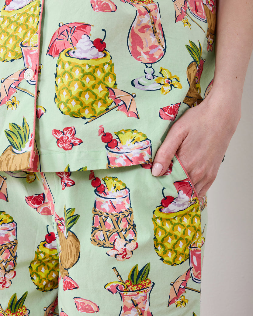 Close-up of the tropical drink print and pants pocket on the Mojito cropped pajama set