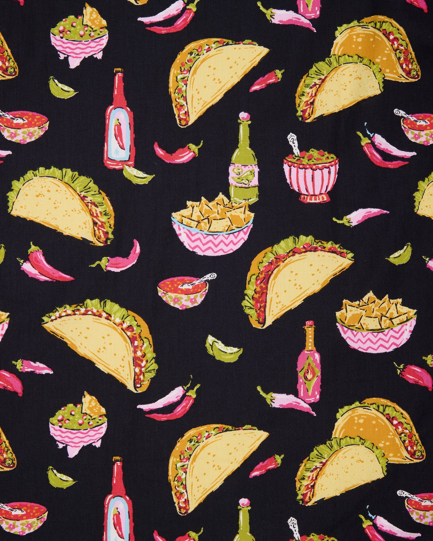 Close-up of the Guac On print with tacos, nachos, peppers, sauce bottles, guacamole, and lime wedges on black