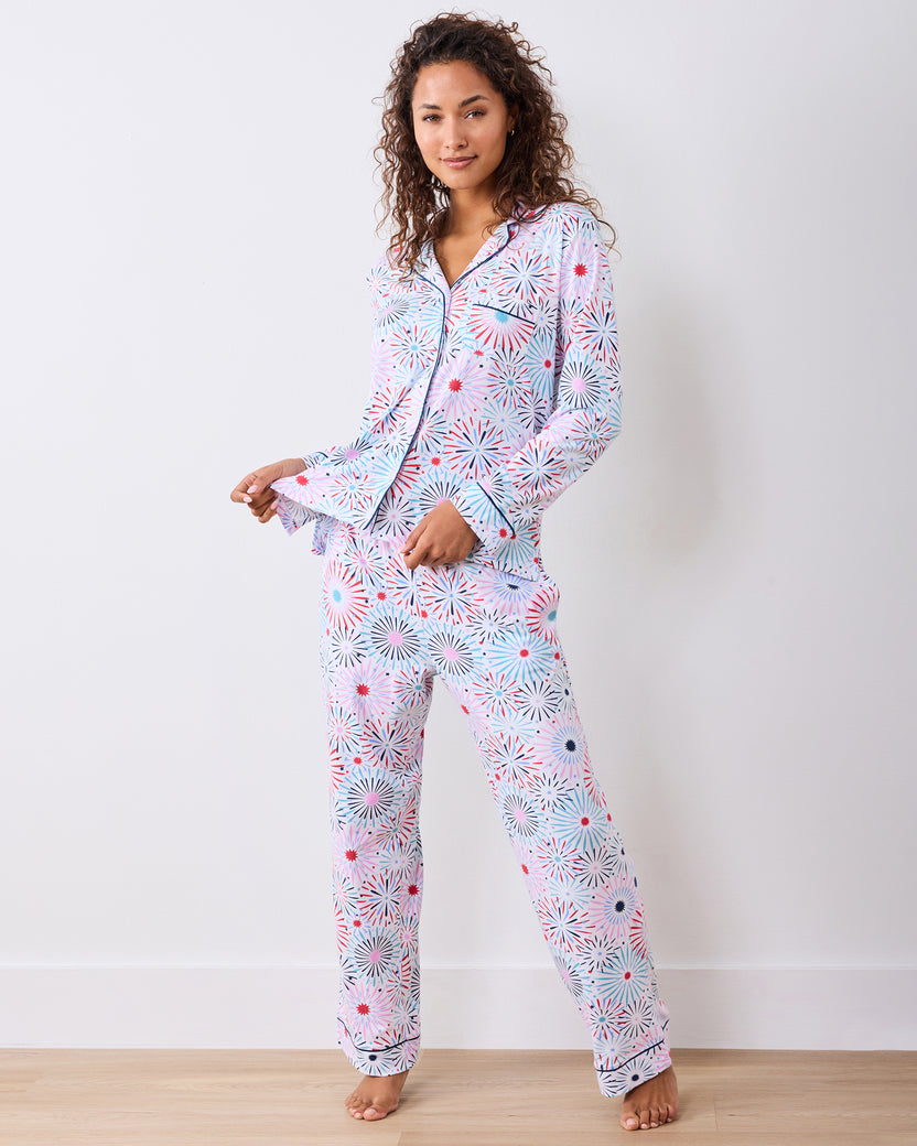 Front studio view of the fireworks-print long pajama set