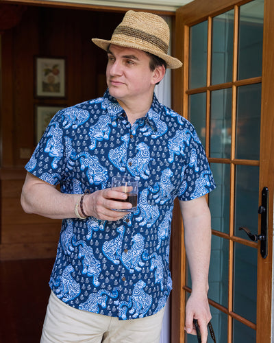 Front view of the Indigo Leo Shirt with a blue and white tiger print