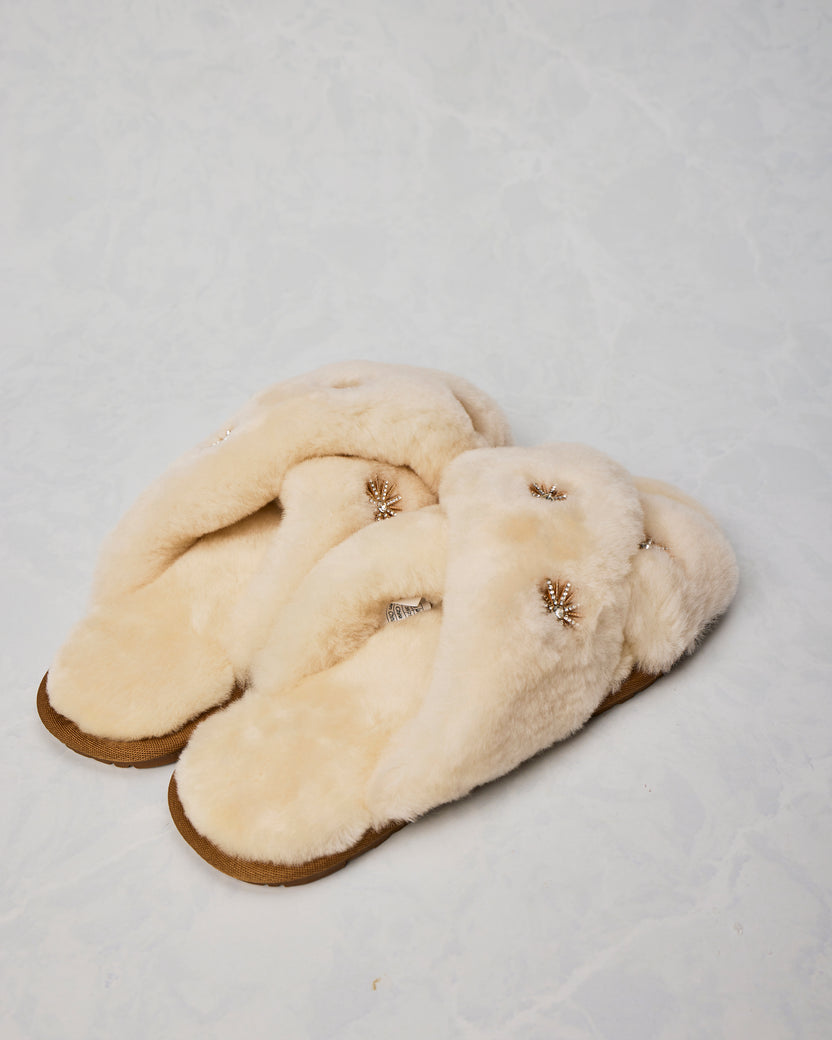 Pair of beige sheepskin slippers shown overlapping from the rear, with fuzzy uppers and brown soles.