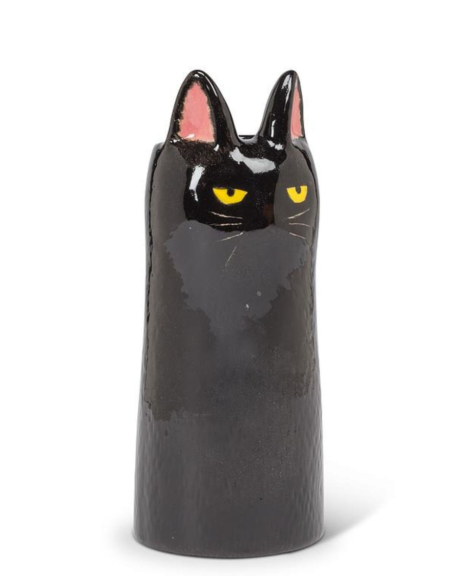 Tall black cat-shaped vase with pointed ears, pink inner ears, yellow eyes, and a gray chest.