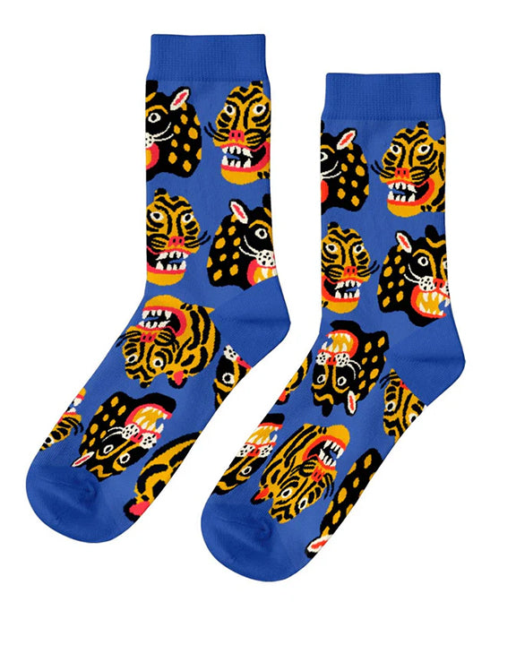 Blue Multi - Men's Wild Cat Socks - Yellow Owl Workshop - Printfresh